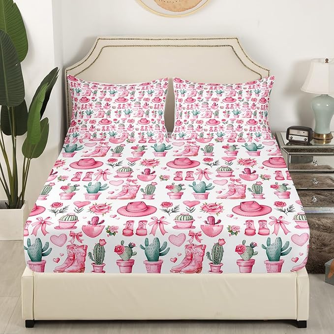 Cowgirl Boots Fitted Sheet Twin Size,American Western Tribal Hats Desert Cactus Bed Sheet with 1 Pillowcase,Dreamy Pink Bowknots Roses Flowers Soft Decorative Fabric Bedding,Room Gift