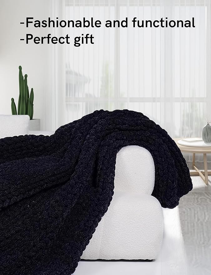YnM Chenille Weighted Blanket, Handmade Chunky Knitted Design, Soft and Cozy, Temperature Regulating and Breathable, Machine Washable Throw for Sleep or Home Decor (Black Blue, 50x60 Inch, 10lbs)