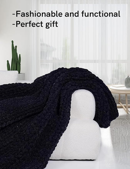 YnM Chenille Weighted Blanket, Handmade Chunky Knitted Design, Soft and Cozy, Temperature Regulating and Breathable, Machine Washable Throw for Sleep or Home Decor (Black Blue, 50x60 Inch, 10lbs)