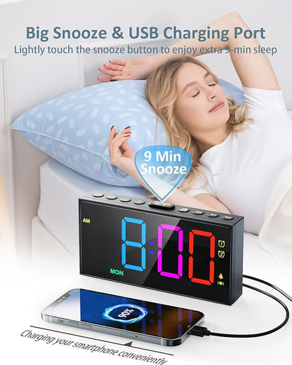 Roxicosly RGB Display Vibrating Alarm Clock with Bed Shaker for Heavy Sleepers Adults, 7-Level Dimmer, Dual Alarms with Weekday & Weekend Mode, Large Digits, Snooze, USB Charger, Battery Backup