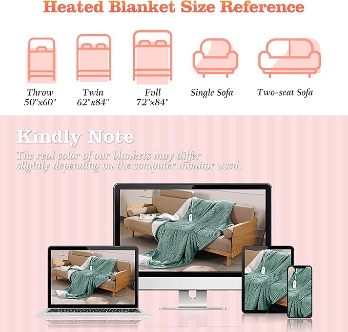 Electric Blanket Twin Heated Blanket 62x84'', Soft Flannel & Sherpa Warming Blanket for Office with Fast Heating & Overheat Protection, Machine Washable Heating Blanket, Best Gift for Grandma (Green)