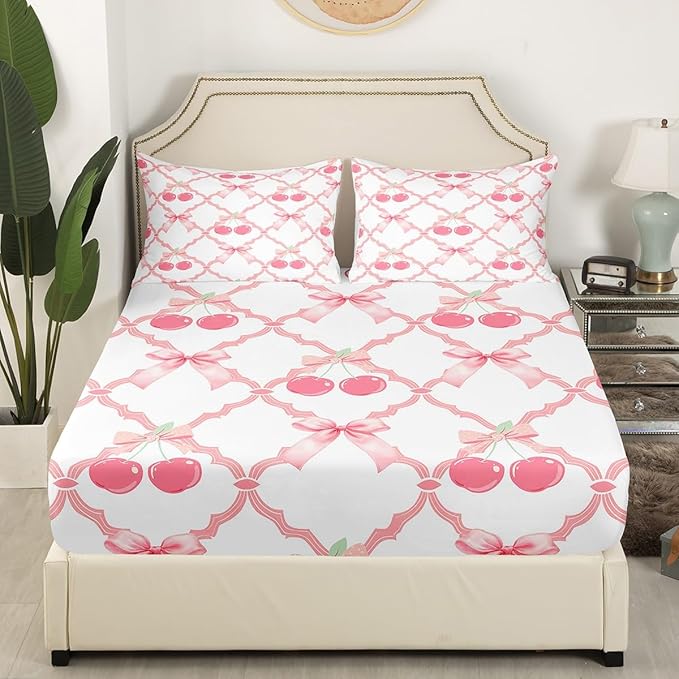 Manfei Cherry Bow Bed Sheet Set 3 Pieces,Sweet Tropical Fruits Dreamy Bowknot Pink White Bedding Set with Flat,Fairy Princess Crossed Grids Patchwork Fitted Sheet,2 Pillow Cases,Full Size