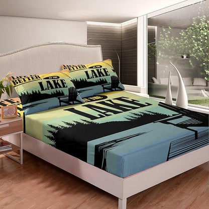 Lake Theme Kids Fitted Sheet Full Size,Camping Outdoor Adventure Bedding Set,Boys Girls Room Decor,Lake House Fishing Rustic Cabin Bed Cover,Blue Black Bed Sheet,2 Pillowcases(No Top Sheet)
