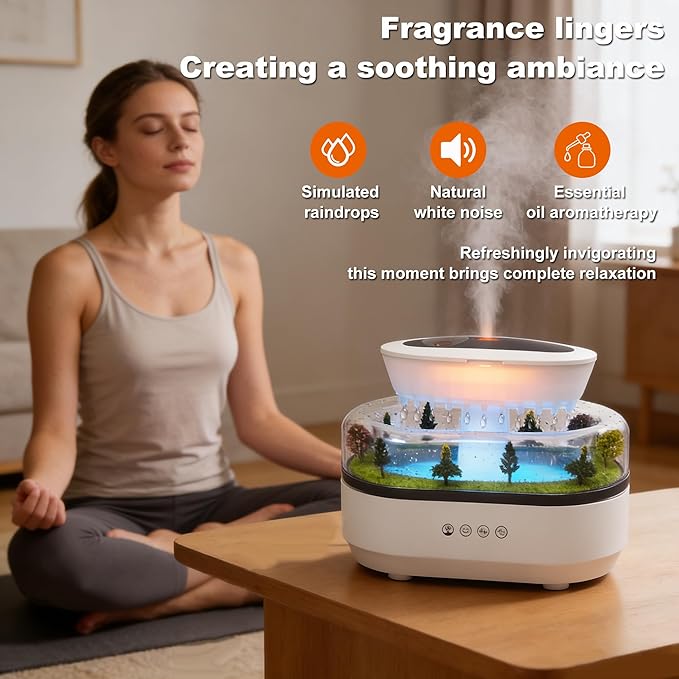 Rain Water Dripr Sounds Essential Oil Diffusers, 7 Colors Rainfall Cloud Humidifier, Silent Rain Lamp Timing Humidifiers with Drip Music Micro Landscape Ultrasonic Diffuser for Bedroom Office Hotel
