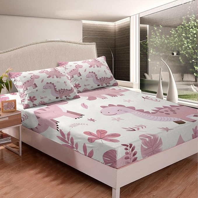 Cartoon Dinosaur Kids Fitted Sheet Queen Size,Palm Leaves Tropical Plants Botanical Bedding Set,Boys Girls Room Decor,Cute Dinosaur Vintage Animals Bed Cover,Pink Bed Sheet,2 Pillowcases