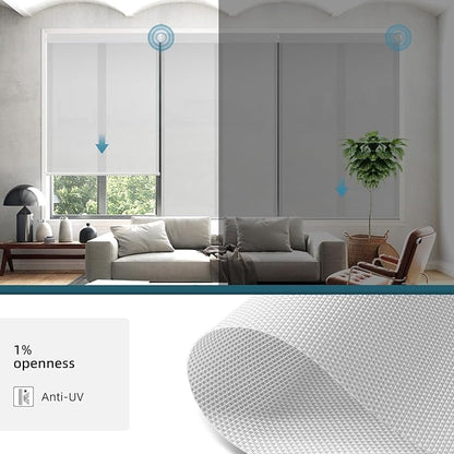 Motorized Light Filtering Roll Shades Work with HomeKit,1% Openness Smart Blinds for Windows, Electric Blinds with Remote, APP/Voice Control, Automatic Solar Shades,1% Openness Aventus White