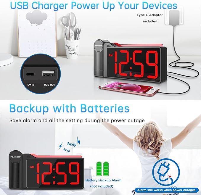 Peakeep Projection Alarm Clock for Bedroom Ceiling 180° Rotatable, Loud for Heavy Sleepers, Colorful Nightlight, 5 Brightness Dimmable Large Number Bedside Electric LED Digital Clock with USB Port