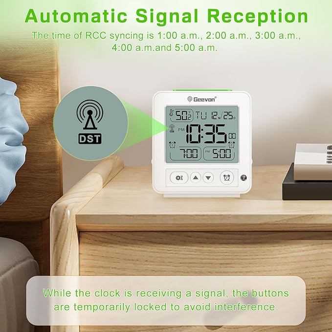 Geevon Small Digital Alarm Clock for Heavy Sleepers, Portable Travel Atomic Clock with Battery Powered, Compact Desk Table Clock with Auto Light Night, Dual Alarms, 8s Backlight for Bedroom, White