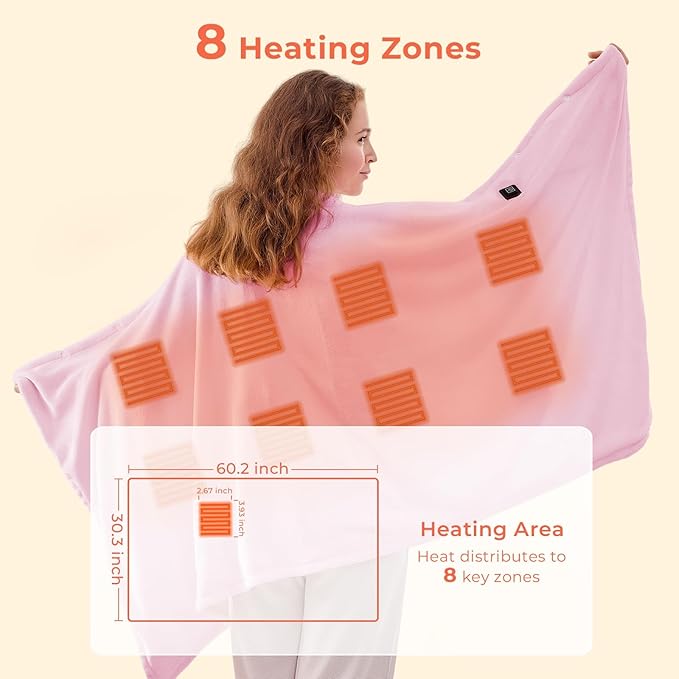 JOLLYVOGUE USB Heated Blanket Throw, Wearable & Portable Heating Electric Blanket for Adults, 3 Levels & 8 Heating Zone Shawl for Indoor & Outdoor, Pink (Battery Not Included)