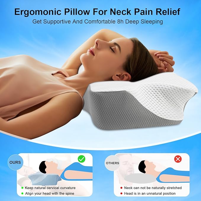 Anvo Cervical Pillow for Neck Pain Relief, Neck Pillows for Pain Relief Sleeping, Memory Foam for Back and Shoulder Pain, Ergonomic Design for Side Back Stomach Sleeper, White Firm Queen