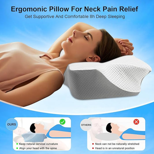 Anvo Cervical Pillow for Neck Pain Relief, Neck Pillows for Pain Relief Sleeping, Memory Foam for Back and Shoulder Pain, Ergonomic Design for Side Back Stomach Sleeper, White Firm Queen