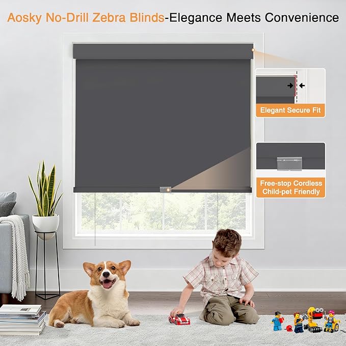 AOSKY No Drill Cordless Blackout Roller Shades with Valance,Customize Blinds for Indoor Windows,Room Darkening Window Shades Pull Down with Free-Stop Spring System, UV Protection for Home Grey