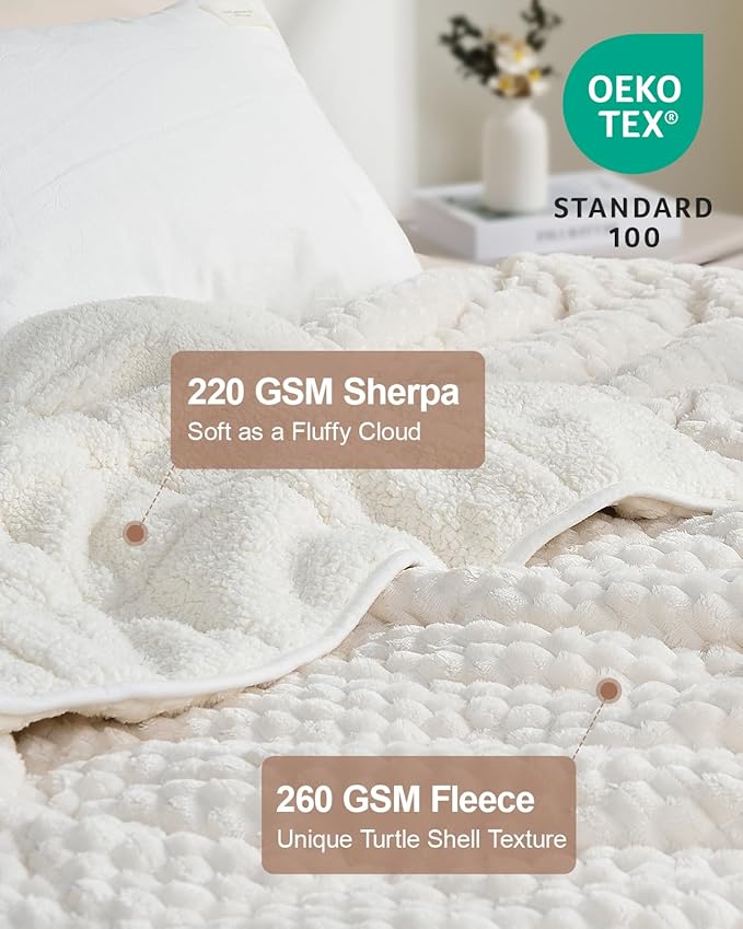 Super Soft Luxury Fleece Sherpa Weighted Blanket 15 lbs for Adults, Turtle Shell Fuzzy Cozy Warm Weighted Throw for Winter, Ceramic Beads Washable Heavy Blankets for Couch Bed, Cream White, 48"x72"