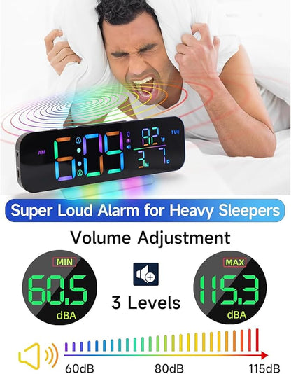 Extra Loud Vibrating Alarm Clock,Large LED Digital Display,Dual Alarms,Multiple RGB Colors,Dimmable Volume Adjustable,for Deep Sleepers and Hearing Impaired Deaf Seniors (Wood Grain)