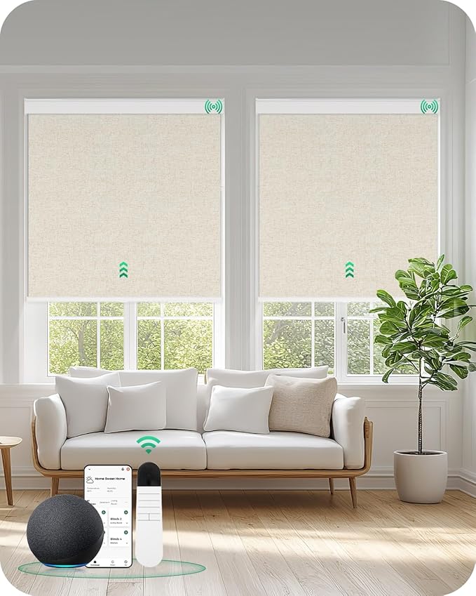 Allesin Motorized Blinds with Remote | Smart Blackout Roller Shades, Automatic Electric Power Blinds for Home Office, Living Room 27x72 Sand-Linen