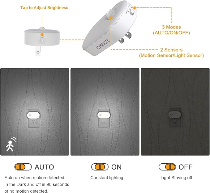 Lyridz Plug in Night Light with Motion Sensor, 120LM Superior Bright Smart Mini LED Nightlight, Cool White with Stepless Adjustable Brightness for Bathroom, Bedroom, Kitchen, Stairs, Hallway, 2 Pack