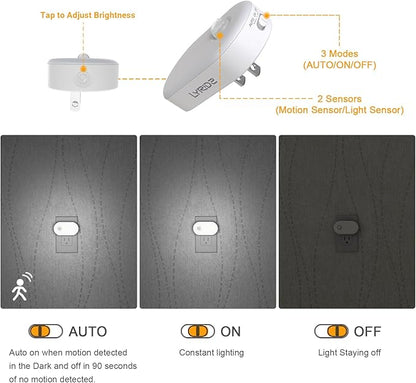 Lyridz Plug in Night Light with Motion Sensor, 120LM Superior Bright Smart Mini LED Nightlight, Cool White with Stepless Adjustable Brightness for Bathroom, Bedroom, Kitchen, Stairs, Hallway, 2 Pack