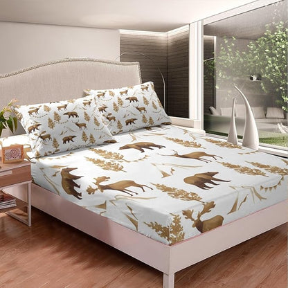 Deer Bear Kids Fitted Sheet Queen Size,Pine Trees Animals Hunting Adventure Camper Bedding Set,Boys Girls Room Decor,Mountain Rustic Farmhouse Bed Cover,Brown Retro Bed Sheet,2 Pillowcases