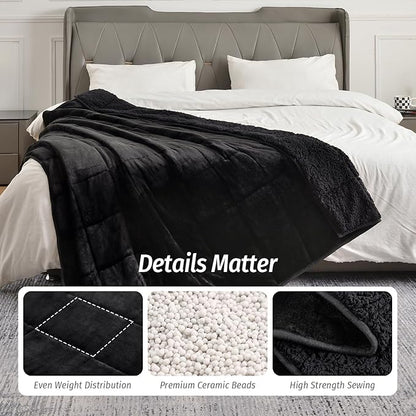 Wemore Sherpa Fleece Weighted Blanket for Adult 15 lbs Dual Sided Cozy Fluffy Heavy Blanket,Ultra Fuzzy Throw Blanket with Soft Plush Flannel Top,60 x 80 inches Black on Both Sides