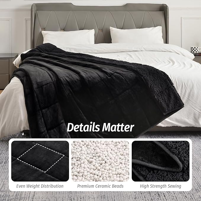 Wemore Sherpa Fleece Weighted Blanket for Adult 12 lbs Dual Sided Cozy Fluffy Heavy Blanket,Ultra Fuzzy Throw Blanket with Soft Plush Flannel Top,48 x 72 inches,Black on Both Sides
