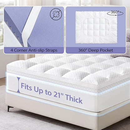 downluxe 4 Inch Queen Memory Foam Mattress Topper Pro Dual Layer 2 Inch Cooling Gel Egg Crate Memory Foam Plus 2 Inch Pillow Top Medium Firm with Deep Pocket