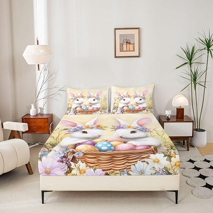 Happy Easter Fitted Sheet Twin Size Cute Rabbits Eggs Floral Bedding Set for Kids Bedroom Flower Rustic Animal Bed Sheet Set 2pcs Yellow Colorful Deep Pocket Mattress Cover,No Top Flat