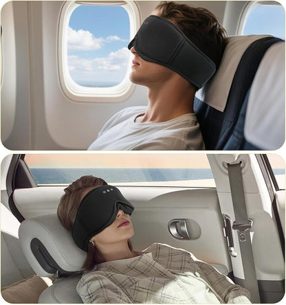 Bamboo Cotton Large Sleep Mask with Bluetooth Wireless Headphones - Blackout Eye Mask for Sleeping 3D Contoured Sleep Headband Ear Muffs Lengthen & Low Noise Hook for Better Experience (Black)