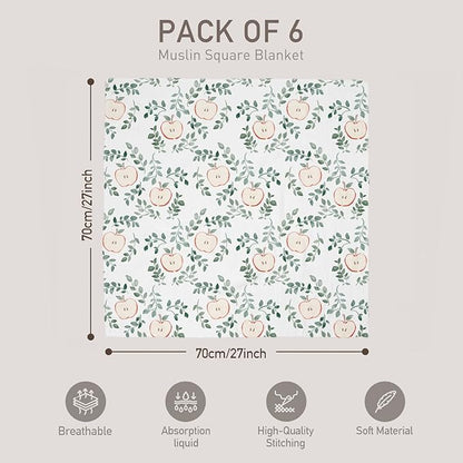 GLLQUEN BABY Receiving Blanket Boy Cotton Muslin Swaddle Blankets Girl Newborn Squares Breathable & Soft Thin Baby Blankets Cloths Double Absorbent Infant Swaddling Wrap - 6 Pack (Apple)
