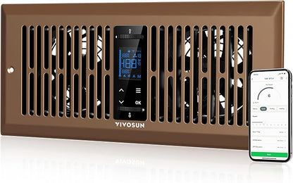 VIVOSUN Quiet Register Booster Fan for 𝟒" 𝐱 𝟏𝟎" Holes, Cooling Heating Vent Fan with 10-Speeds App Control &Adjustable Wind Direction, Thermostat Control for Bedroom, Bathroom &Attic, Brown