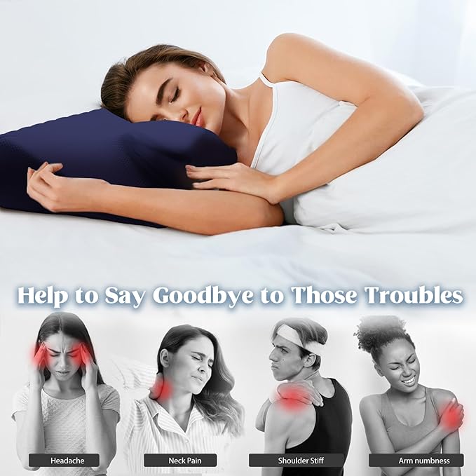 Cervical Pillow for Neck Pain Relief, Cooling Contour Memory Foam Pillows Support Odorless Ergonomic Neck Pillow Adjustable Orthopedic Bed Pillow for Side Back Stomach Sleeper with Pillowcase,Navy