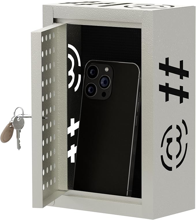 OSKIE Phone Downtime Box - Lockable Smartphone Storage for Home & Office, Key Lock Secure Metal Organize, Wall Mountable, 8.25” x 5.5” x 2.5” (graywhite)