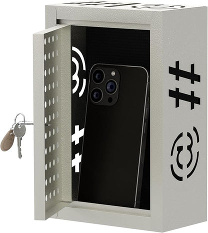 OSKIE Phone Downtime Box - Lockable Smartphone Storage for Home & Office, Key Lock Secure Metal Organize, Wall Mountable, 8.25” x 5.5” x 2.5” (graywhite)