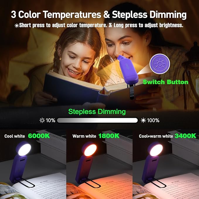 VAVOFO USB Rechargeable Book Light, Blue Light Blocking, Amber Light Clip On Bookmark Shaped Reading Light, Eye Care 6 LEDs Book Light for Bookworms Reading in Bed (Dark Purple)