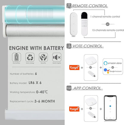 Allesin Motorized Roller Shade Blinds Work with Alexa for Window, 100% Blackout Smart Shades Cordless with Remote Control, Electric Automated Blinds for Window, Customized Size for Smart Home (White)