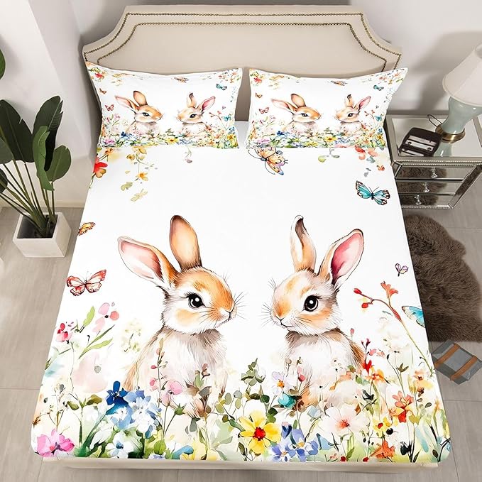 Cute Rabbits Bed Sheet Twin Size Easter Watercolor Spring Bedding Set Flower Floral Farmhouse Fitted Sheet Kids Boys Girls Room Decor White Colorful Soft Sheets with 1 Pillowcase,No Top Flat
