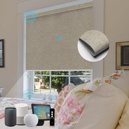 SmartWings Motorized Roller Shades Work with Homekit, 100% Blackout Smart Blinds for Windows, Cordless Remote Control Window Shades, Safar Biscuit, Customized Size