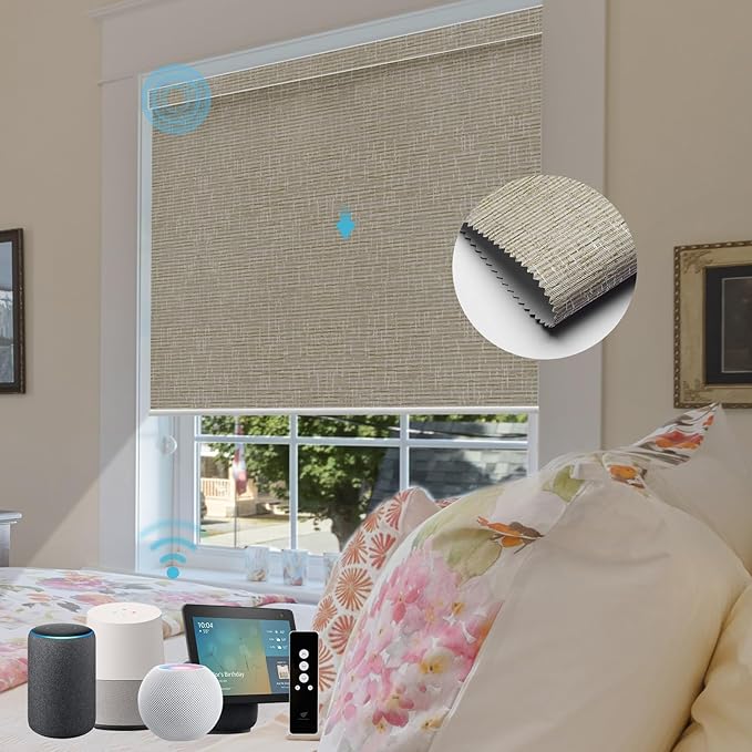 SmartWings Motorized Roller Shades Work with Homekit, Alexa Google, 100% Blackout Smart Blinds for Windows, Cordless Remote Control Window Shades, Safari White, Customized Size