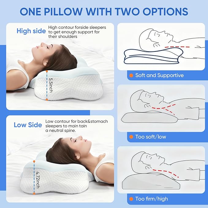 Cervical Pillow for Neck Pain Relief, Adjustable Ergonomic Contour with Orthopedic Memory Foam, Full Support for All Sleeping Positions (Side Back Stomach), Odorless (Blue-White)