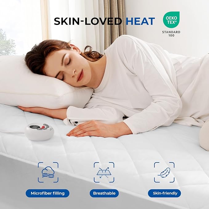 Heated Mattress Pad California King Quilted Zone Heating Electric Bed Warmer Comfort Heat Mattress Pad Cover Dual Controller（10 Heat Setting | 1-12 Hours Auto Shut Off | with 8-21 Inch Deep Pocket）