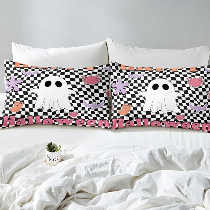 Happy Halloween Bedding Set Full Size,Geometric Black White Plaids Patchwork Fitted Sheet,Cartoon Ghost Bat Spider Graffiti Sheet Set for Kids Teens Adults Bedroom Decor,2 Pillowcases