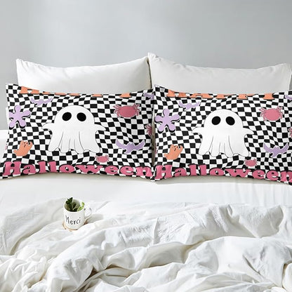 Happy Halloween Fitted Sheet,Geometric Black White Plaids Patchwork Sheet Set for Adults Ultra Soft Room Gift,Cartoon Ghost Bat Spider Graffiti Bedding Set with 2 Pillowcases,Queen Size