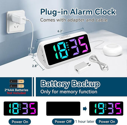Netzu Loud Alarm Clock for Heavy Sleepers, Plug-in RGB Vibrating Alarm Clocks with Bed Shaker, 5 Dimmers, 2 Alarms and Snooze for Bedrooms Hearing Impaired Deaf Adults (White)