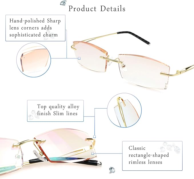 LifeArt Blue Light Blocking Glasses,Computer Reading Glasses,Rimless Frame Tinted Lens with Diamond,Stylish for Men (+2.00 Magnification)