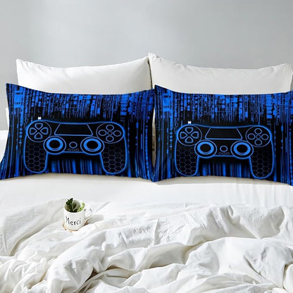 Videogaming Gamepad Kids Sheet King Size,3D Gamer Controller Fashion Bedding Set,Boys Girls Room Decor,Neon Geometric Honeycomb Hexagon Navy Blue Bed Sheet Set 4pcs(Fitted + Flat + 2 Pillowcases)