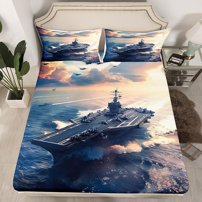 Warship Kids Fitted Sheet Full Size,Warplane Aviation Aircraft Sea Surface Bedding Set,Boys Men Room Decor,Modern Fashion Bed Cover,Navy Blue White Bed Sheet,2 Pillowcases