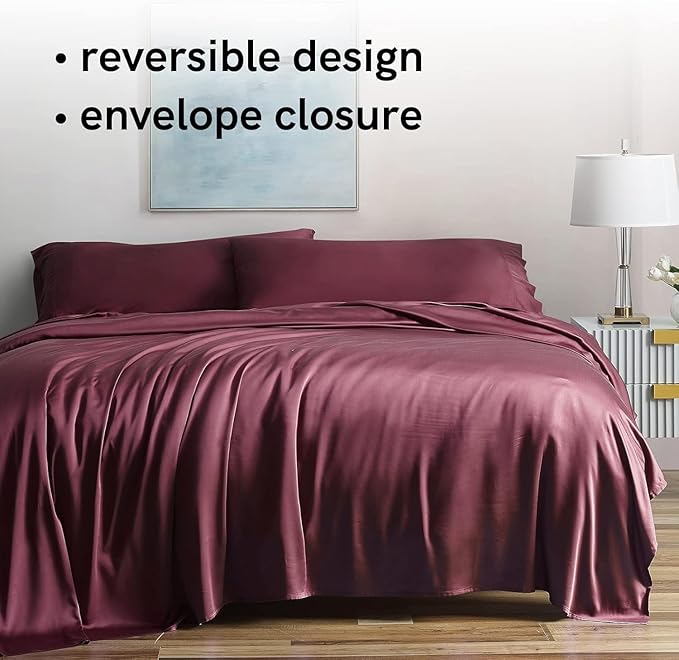 YnM Cooling Bed Sheet Set with 100 Percent Rayon Derived from Bamboo, 400TC Fabric with 2 Pillowcases and Flat Sheet, Deep Pocket Fit 19'', Silky-Soft & Sweat Wicking, 4 Piece (Queen, Rose Purple)
