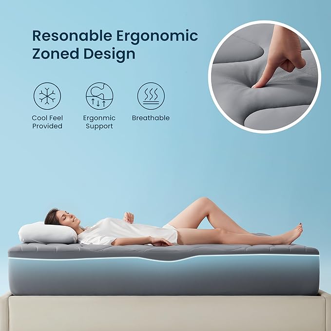 Sleep Zone Cooling Mattress Pad King, Support Mattress Topper, Breathable and Soft Mattress Protector, Deep Pocket Bed Cover, Machine Washable (Dark Grey, King)