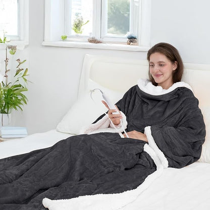 Wearable Heated Blanket with Foot Pocket, 52"x72" Electric Blanket with Sleeves for 12 Hours Timer, 6 Heat Settings, Flannel & Sherpa, Gray