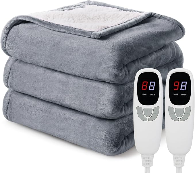 Heated Electric Blanket Queen Size 84"x90" Heating Blanket with Dual Control 9 Heating Levels 10 Timer Modes Auto Off, Fast Heating Over-Heat Protection Ultra Soft Flannel ETL Certified, Gery