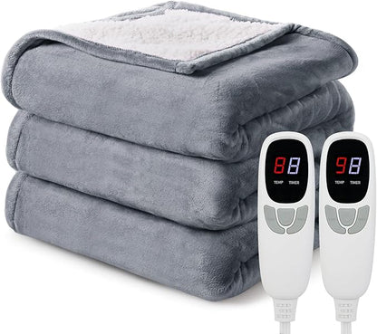 Heated Electric Blanket Queen Size 84"x90" Heating Blanket with Dual Control 9 Heating Levels 10 Timer Modes Auto Off, Fast Heating Over-Heat Protection Ultra Soft Flannel ETL Certified, Gery